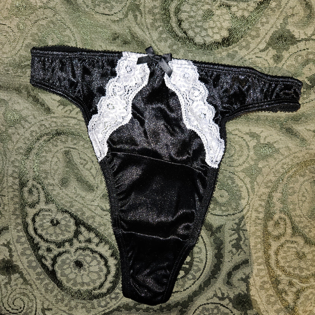 NEW Black K&L Princess Fancy Satin THONG MEDIUM